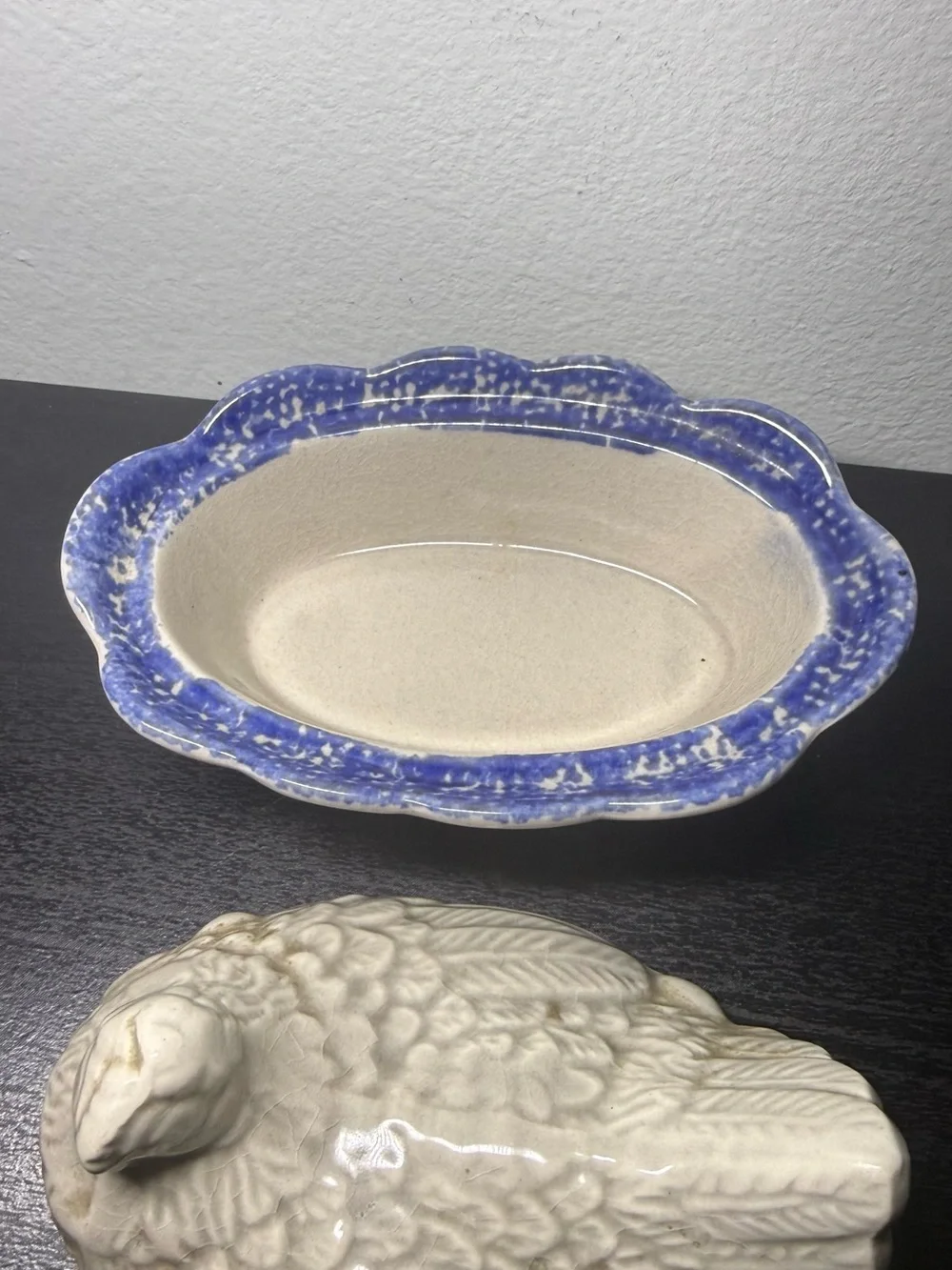 Vintage 1970s Hen On Nest Blue Splatter China Signed